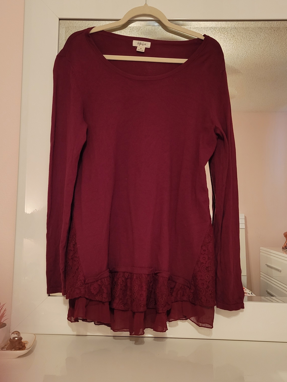 Style & Co. Burgundy Long-Sleeve Lace & Chiffon Hem Top